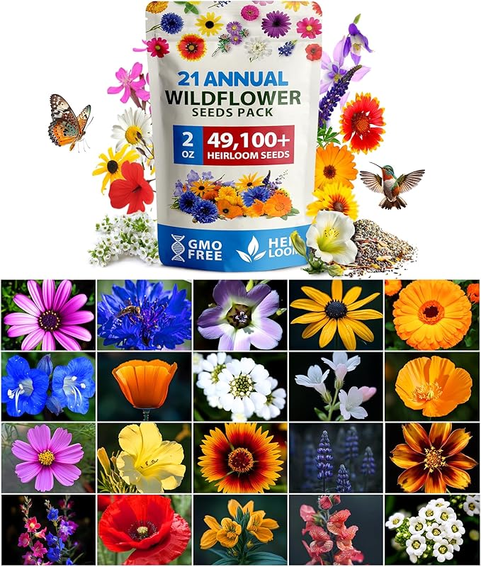 HOME GROWN Wildflower Seeds Mix - 49,100+ (2oz) Bulk Mix, 21 Varieties Wild Flower - Bee and Butterfly Garden Pack - Native Annual Flowers for Planting for Your Garden