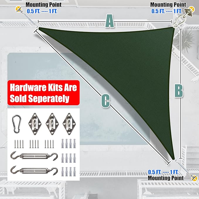 Amgo Custom Size 12' x 22' x 25.1' Green Right Triangle Sun Shade Sail Order to Make Canopy Awning UPF50+ AGSLT, 95% UV Blockage, Water & Air Permeable, 200GSM Commercial Standard (We Customize)