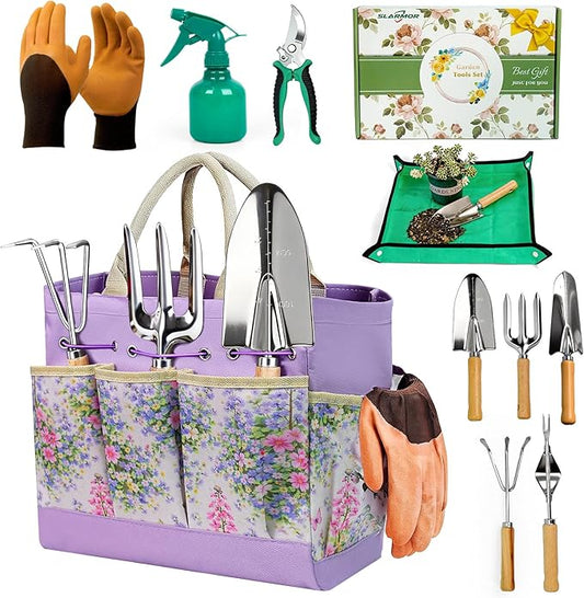 Garden Tool Set, 10 PCS Gardening Essentials, Stainless Steel Garden Hand Tools with Tote Bag, Well-Designed Gardening Supplies Kit Gifts for Women Men Gardeners