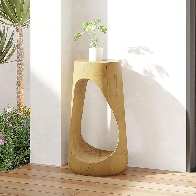 Christopher Knight Home Novi 26.57" H Lightweight Concrete Outdoor Side Table, Hollow Round-Shaped Patio End Table, MGO Outdoor Coffee Table, Garden Plant Stand Indoor, Wood-Like Texture, Natural
