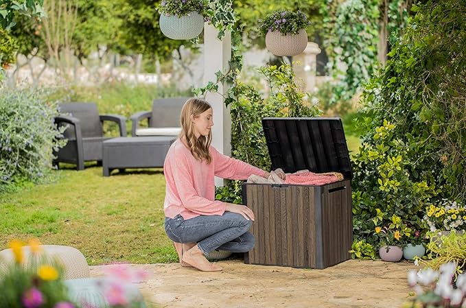 Keter Signature Everwood 30 Gallon Resin Deck Box for Outdoor Storage – Weather‑Resistant Balcony & Patio Box for Cushions, Throw Pillows & Garden Tools, Walnut
