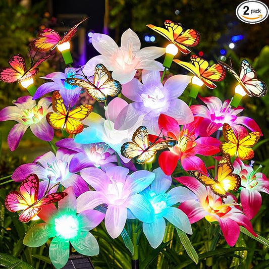 Garpar Solar Lily Lights with Swaying Butterflies, Upgraded Garden Solar Lights Outdoor Decorative, Waterproof Color Changing Garden Decor for Outside Yard Lawn Pathway Gift for Mom Women Grandma