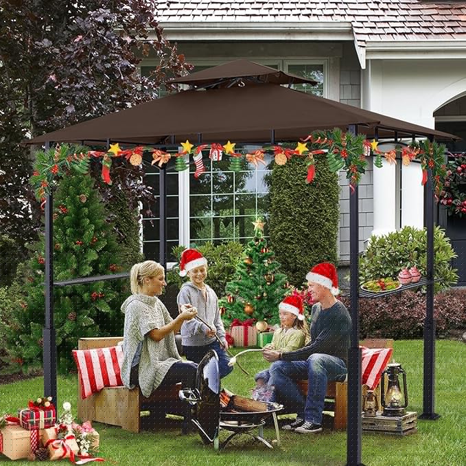 ABCCANOPY 8x5 Grill Gazebo - Outdoor BBQ Canopy Shelter with Led Light for Patio Backyard Grilling (Brown)