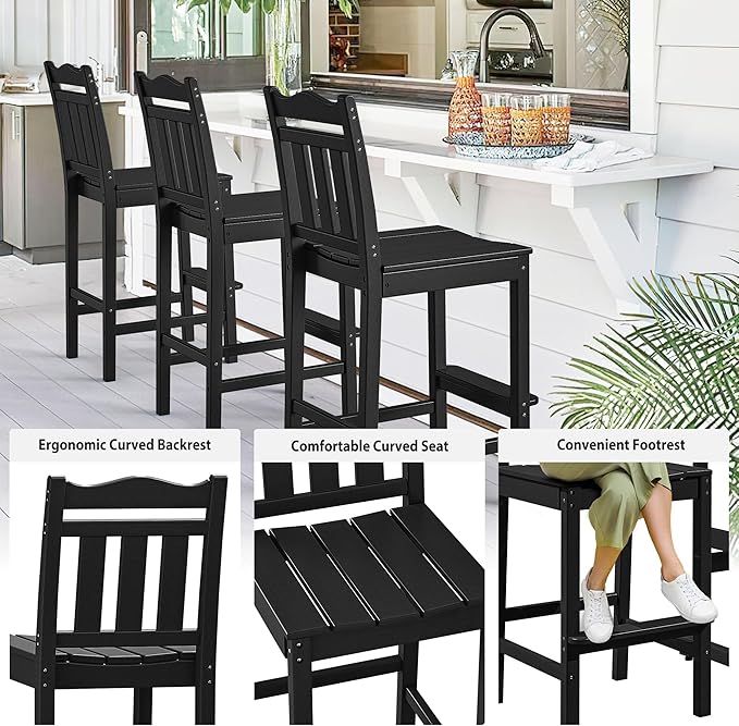 nalone Outdoor Bar Stools Set of 2, HDPE 44 Inch Tall Adirondack Chairs Bar Chairs, Weather Resistance Bar Height Chair for Balcony, Garden, Yard, Backyard (Black, Bar Chairs Set of 2)