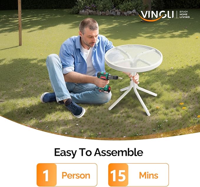 VINGLI Outdoor Side Table, 18" Patio Table Steel Frame Tempered Glass Top, Weatherproof Small Tables for Balcony Garden Poolside (White, Round)