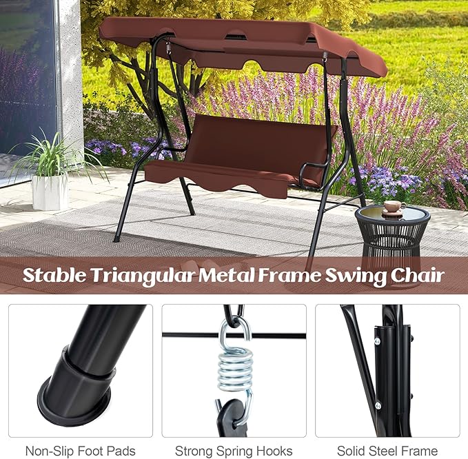 Porch Swing Outdoor, 3 Person Patio Swing w/Removable Cushion, Stand & Adjustable Canopy, Heavy Duty Swing Chair for Patio, Garden, Courtyard, Poolside