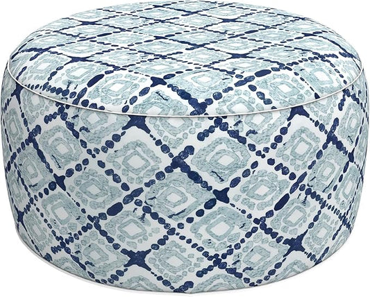 LVTXIII Outdoor Inflatable Ottoman, Fade-Resistant Round Footrest Stool D31”x H14”, Portable Patio Pouf for Garden Camping or Home Use, Boho Geometry Blue