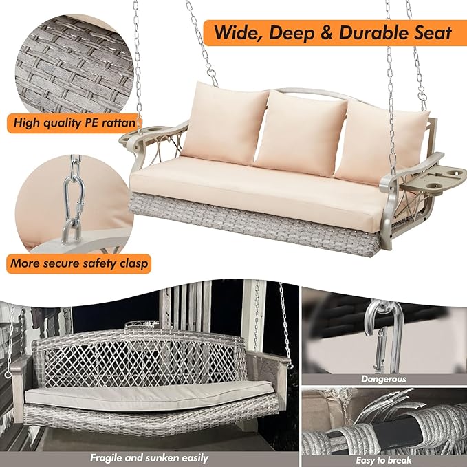 3-Person Wicker Porch Swing Chair Heavy Duty 900 LBS Outdoor Rattan Patio Swing Chair w/Cup-Holder & Steel Chains Hanging Bench Porch Swing Cushions for Deck & Backyard & Garden
