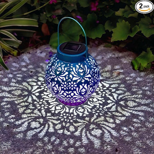 2 Pack Outdoor Solar Hanging Lantern Lights Metal LED Decorative Lamp for Garden Patio Courtyard Lawn and Table with Hollowed-Out Design (Royal Purple)