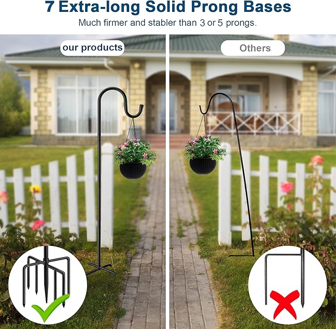 96" Shepherds Hooks for Outdoor, Heavy Duty Garden Bird Feeder Pole Hanging Bird Feeder, Solar Light Lanterns, Outdoor Plant Hanger Hook with 7 Base Prongs, 1 Pack