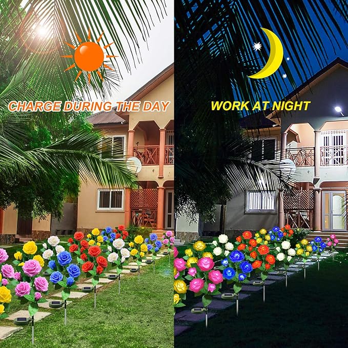 Solar Flower Lights Outdoor - Upgraded New Material Two Modes Realistic LED Solar Powered Waterproof Lights with 5 Roses, Solar Decorative Stake Lights for Garden (White, 1 Pack)