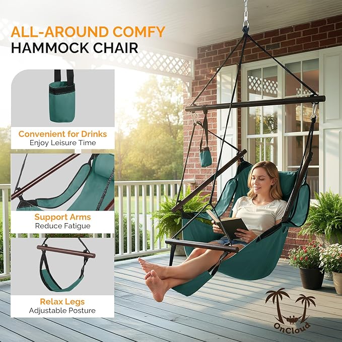 ONCLOUD Upgraded Unique Hammock Sky Chair, Air Deluxe Hanging Swing Seat with Rope Through The Bars Safer Relax with Drink Holder & Fuller Pillow Beech Wood Indoor Outdoor Patio Yard 250LBS (Green)