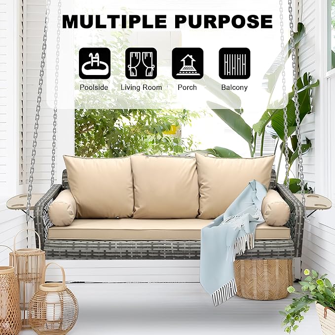 Outdoor Wicker Patio Porch Swing - 3 Person Swing Outdoor Hanging Porch Swing Seat Bench with Chains for Yard, Deck, Garden (Grey Rattan Khaki Cushion)