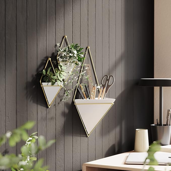 Umbra Trigg Hanging Planter Vase Wall Decor, Set of 2 Pots Containers for Succulents, Cactus, Faux Plants, and More, Small, White/Brass