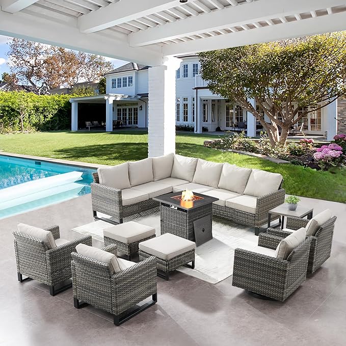 Patio Sectional Furniture Set with Fire Pit Table: 10 Pieces Wicker Patio Conversation Set with L Shaped Sofa, Outdoor Swivel Glider Rocker, Rattan Club Chairs, Ottomans, Removable Cushions Beige