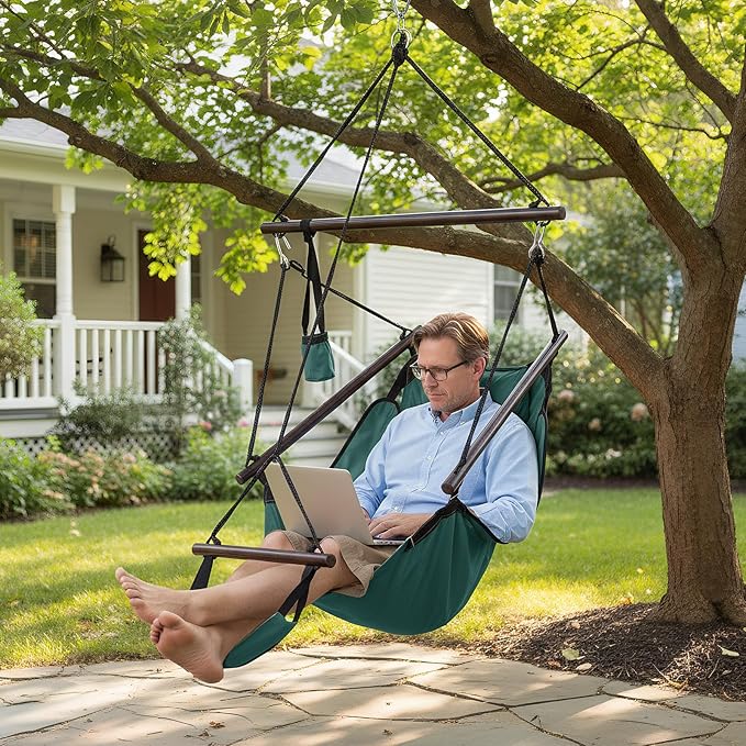 ONCLOUD Upgraded Unique Hammock Sky Chair, Air Deluxe Hanging Swing Seat with Rope Through The Bars Safer Relax with Drink Holder & Fuller Pillow Beech Wood Indoor Outdoor Patio Yard 250LBS (Green)