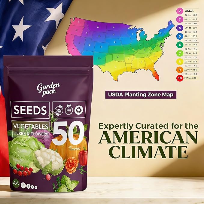 Garden Pack Vegetable Seeds Pouch - 50 Varieties of Vegetable, Herb & Flower Seeds for Planting - 25,000 Non GMO Heirloom Seeds - Gardening Gifts for Men and Women