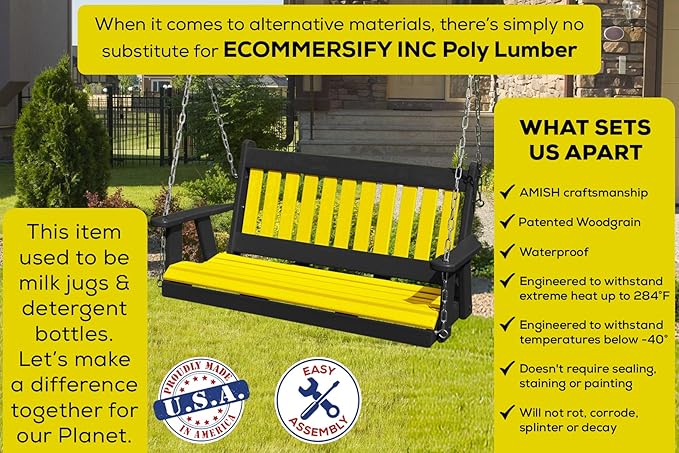 Poly Lumber Wood 5FT Mission Porch Swing Amish Craftsmandship Made in USA HDPE with No Wood fibers 1000 lbs Limit. Stainless Steel Hardware.Signature Design for Patio Outdoor Backyard Garden Park