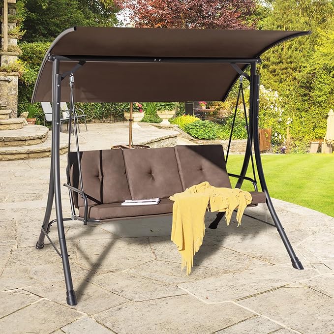 Tangkula 3 Person Porch Swing, Outdoor Swing with Removable Cushions, Solid Steel Structure, Patio Swing with Adjustable Canopy for Garden, Backyard, Balcony, Poolside