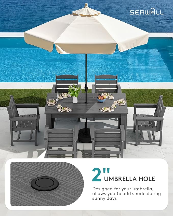 SERWALL Patio Dining Set for 4, Outdoor Dining Sets for 4 Person with 1 Umbrella Hole Cut-Out Rectangular Table and 4 Chairs, HDPE Dining Sets for Garden, Backyard, Poolside, Gray