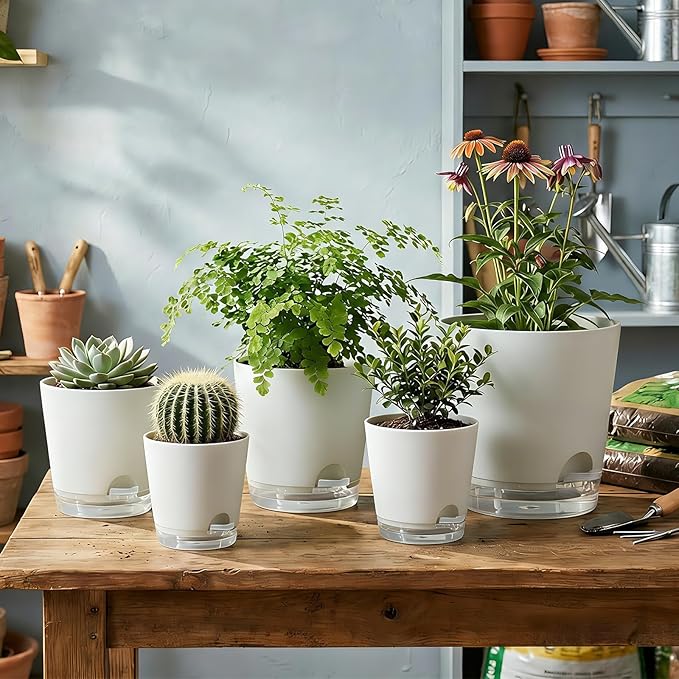 GARDIFE 2026 Upgraded Self Watering Plant Pots with Drainage Hole, 7/6.5/6/5.5/5/4 Inch Flower Planting Containers for House Plants, African Violet, Flowers, Cactus (White, 7+6.5+6+5.5+5+4 inch)