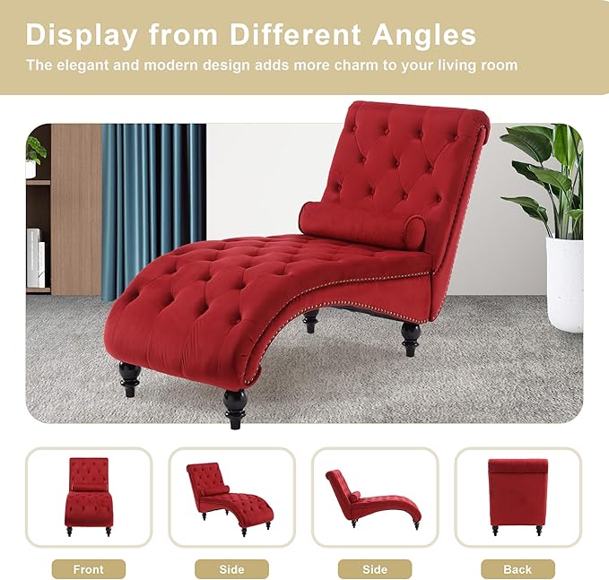 Chaise Lounge Indoor,Velvet Upholstered Lounge Chair Button-Tufted Armless Chair with Pillow, for Bedroom Living Room Office Modern Backrest Leisure Recliner Sleep Sofa,Red