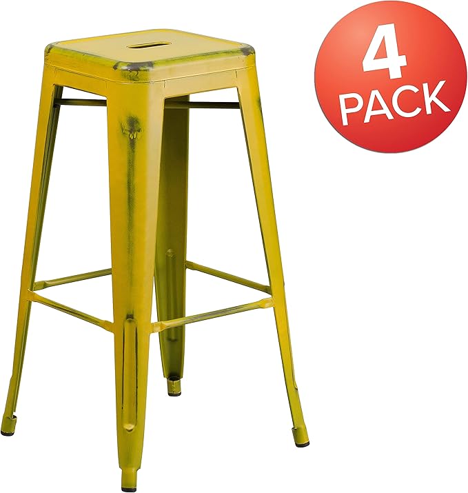 Flash Furniture Kai Commercial Grade 4 Pack 30" High Backless Distressed Yellow Metal Indoor-Outdoor Barstool