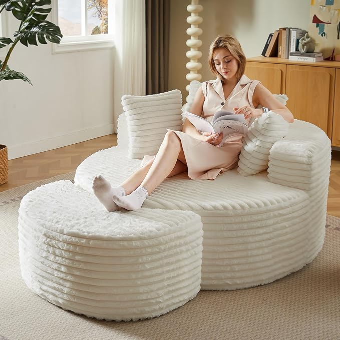 74.6" Oversized Round Chaise Lounge Chair with Ottoman Indoor, Fluffy Upholstered Corduroy Deep Seat Large Boneless Circle Couch Sofa Chairs for Living Room, Bedroom, No Assembly Required, White