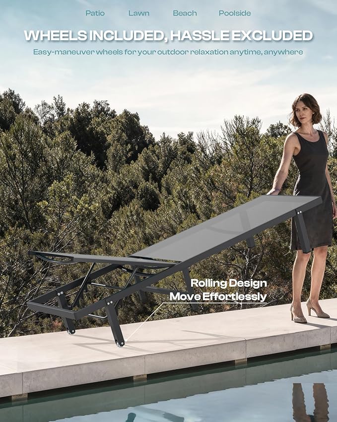 Aluminum Outdoor Lounge Chairs Set of 2, Pool Lounge Chairs with Wheels and 5-Position Recliner -Easy to Move- Patio Chaise Lounge Outdoor for Poolside, Deck, Beach (Darkgray)