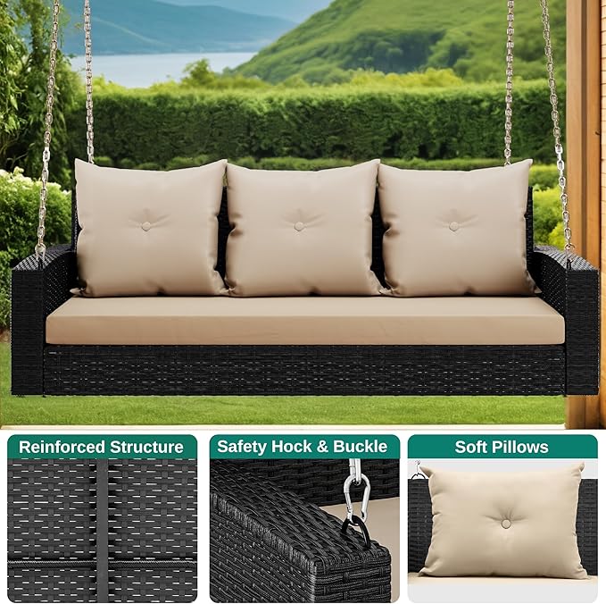 YITAHOME 3-Seats Outdoor Hanging Porch Swing Chair Rattan Black Wicker Patio Swing Chair with Swing Lounge 3 Light Brown Back Cushions Capacity for Garden, Balcony, Courtyard, Gazebo, Porch