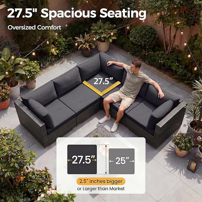 NICESOUL 13 Piece Patio Set with Fire Pit Table, Luxury Large Size Outdoor Furniture with Firepit & Chaise Lounge, 29.3" Highback Deep Seating 500 lbs Heavy Duty for Backyard, Deck, Dark Grey