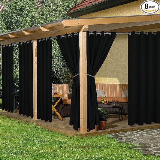 HolidayIdeas Outdoor Curtains for Patio Waterproof, 8 Panels - 54x84 Inches - Weatherproof Privacy Outsides Curtains for Cabana Porch Pergola, Sunlight & UV Blocking (Black, Grommet Top)