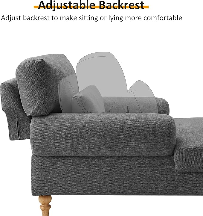 Modern Chaise Lounge Chair with Adjustable Backrest, Upholstered Indoor Leisure Sofa Recliner, Oversized Accent Chair Deep Seat Reading Armchair for Living Room, Bedroom, Office, Dark Gray