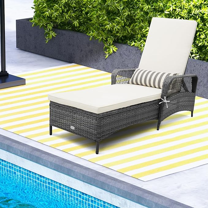 Tangkula Wicker Chaise Lounge Outdoor, Patio Rattan Reclining Chaise with 6-Gear Adjustable Backrest, Thick Padded Cushion & Removable Lumbar Pillow, Pool Lounge Chairs for Outside Balcony Backyard