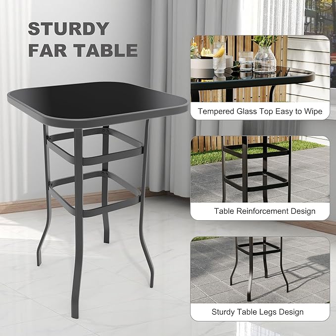 3 PCS Patio Swivel Bar Stools Set, 3 Piece Swivel Outdoor Table and Chairs Bar Set, All Weather Textile Fabric Outdoor High Stool Bistro Set with High Glass Bar Table for Lawn, Garden, Balcony