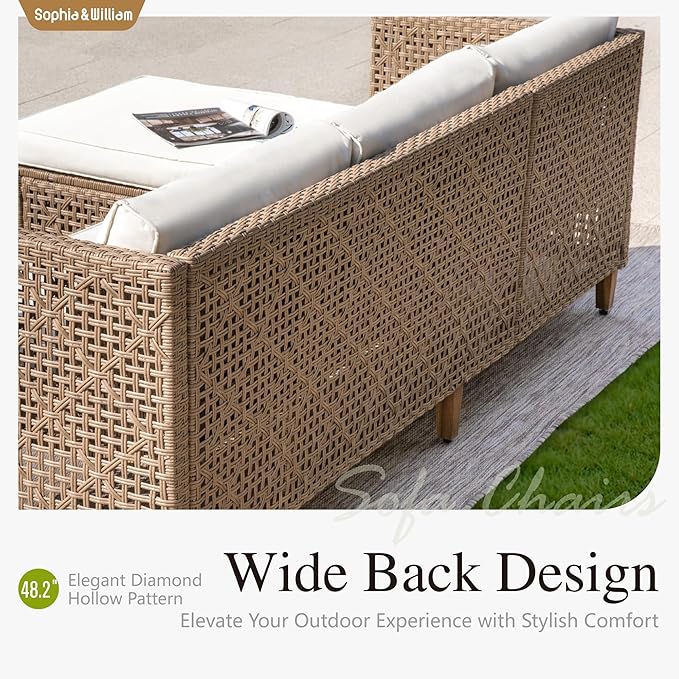 Sophia & William Boho Rattan Patio Sectional Set with Thick Cushions & Coffee Table – Balcony, Backyard & Poolside Outdoor Furniture (Beige)