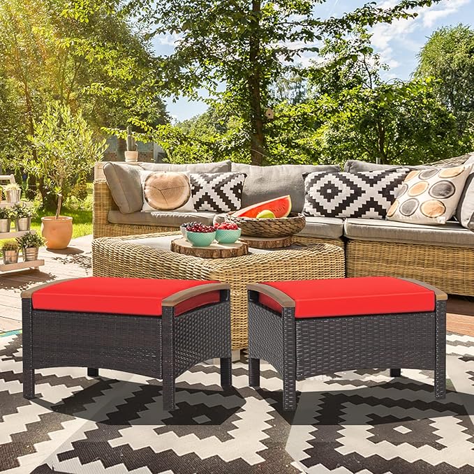 RELAX4LIFE Outdoor Wicker Ottomans for Patio - 2 Pieces PE Rattan Ottoman, Footrest Seat with Zippered Cushions, Acacia Wood Handles, 3-in-1 Footstool, Side Table for Poolside, Backyard (Red)