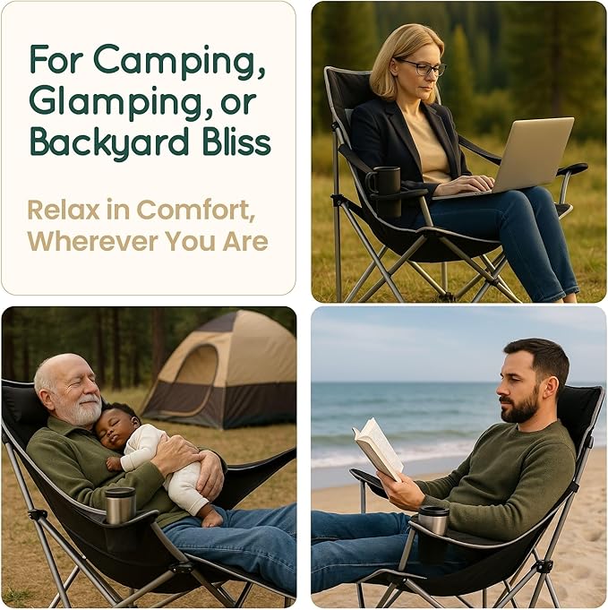 Hammock Camping Chair – Folding Swing Chair with Headrest & Cup Holder, 300 lbs Support, Breathable Mesh, Portable & Lightweight for Outdoor, Camping, Fishing, Patio & Travel