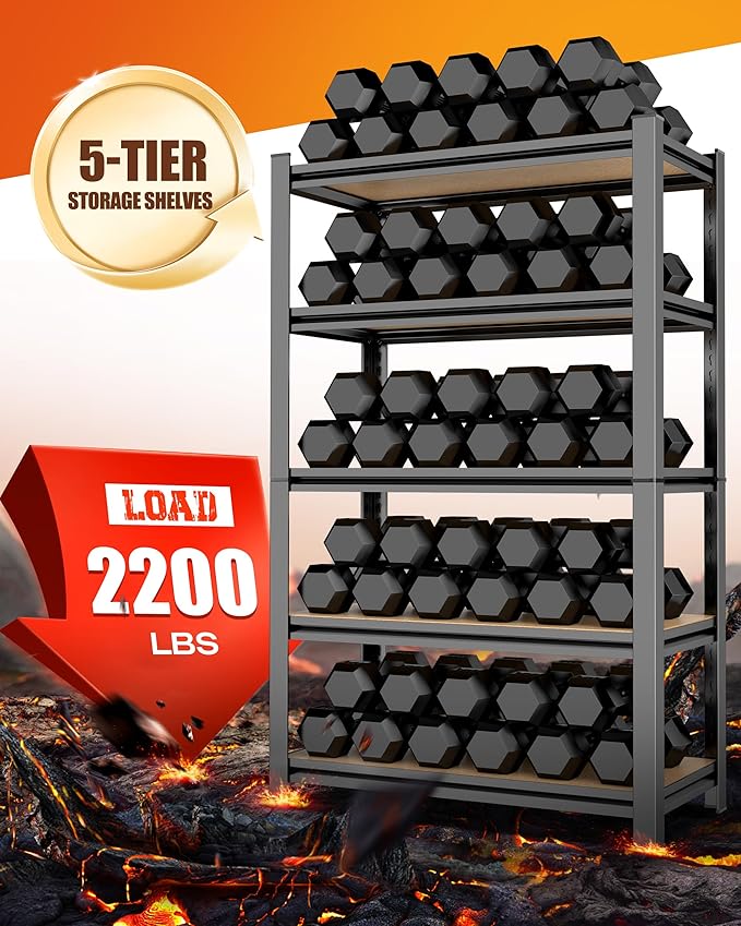71.2"H-45.6"W Garage Shelving Heavy Duty Storage Shelves, Metal Adjustable Shelving Unit, Utility Garage Organizer Shelf for Basement, Pantry, Kitchen, Warehouse, 45.6"Wx17.7"Dx71.2"H, Black