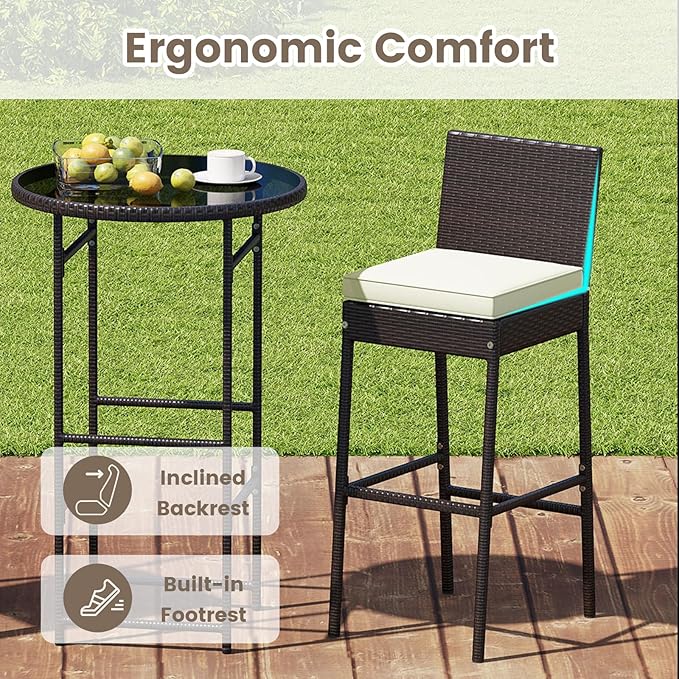 Tangkula 3 Piece Outdoor Bar Set, Patio Rattan Bar Height Heavy Duty Metal Frame Table & Cushioned Chairs, for Porch, Yard, Poolside and Bistro