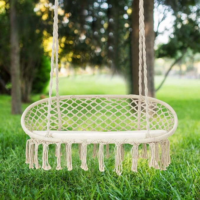 Giantex Hammock Chair 2 Seat, Macrame Hanging Chair with Cushion, Hanging Cotton Ropes, Metal Frame, 440 lbs Capacity Indoor Swing for Hammock Stand, Patio, Balcony, Living Room Hammock Swing