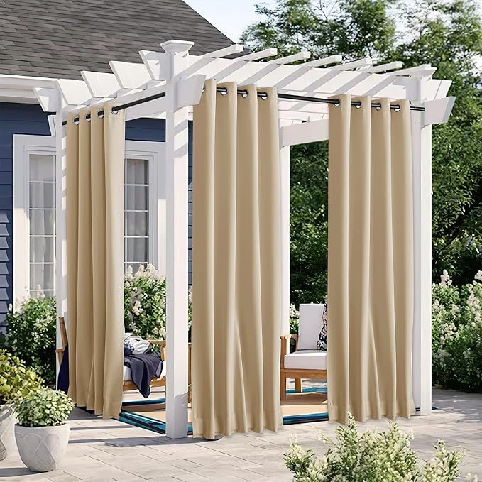 NICETOWN 2 Panels Outdoor Patio Curtains Windproof Top & Bottom Grommet & Back Tab, Thermal Insulated Windproof Drapes Keep Privacy for Garage/Porch with Ropes for Fixed, Biscotti Beige, W46 x L80