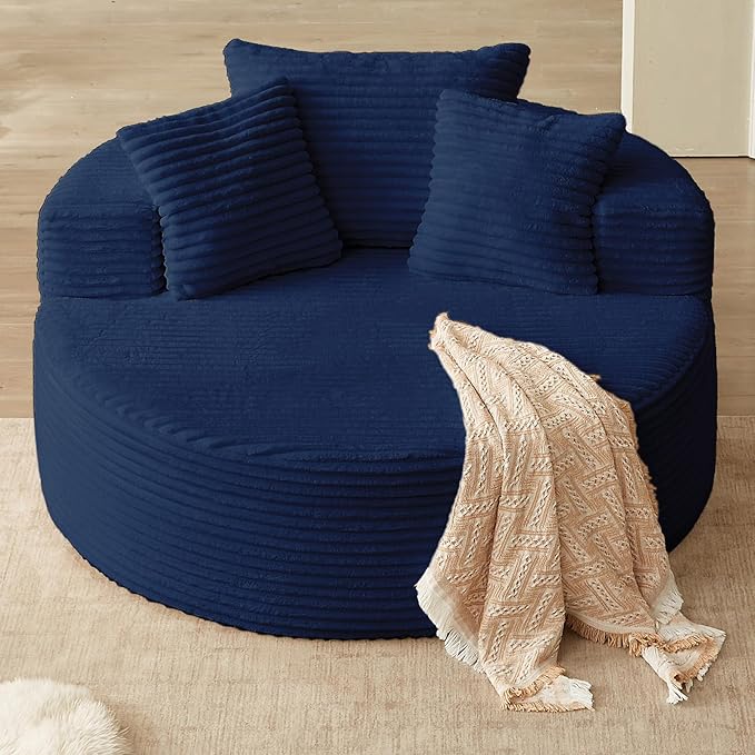 Oversized Round Chair Lounge Chaise Indoor, Upholstered Corduroy Deep Seat Cloud Large Circle Sofa Chair, No Assembly Required, Fluffy Modern Sleeper Sofa Bed for Reading, Living Room, Dark Blue