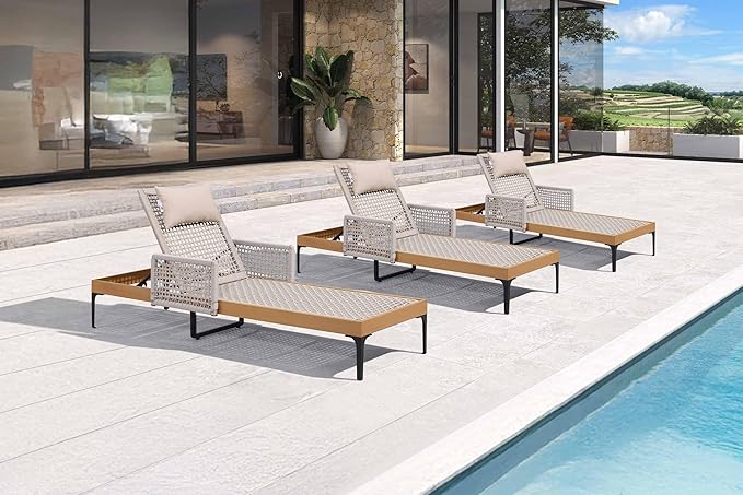 PURPLE LEAF 3 Pieces Outdoor Chaise Lounge Set Rattan Wicker Lounger with Arms Poolside Furniture Adjustable Recliners Patio Lounge Chairs for Beach Yard Garden Balcony,Teak