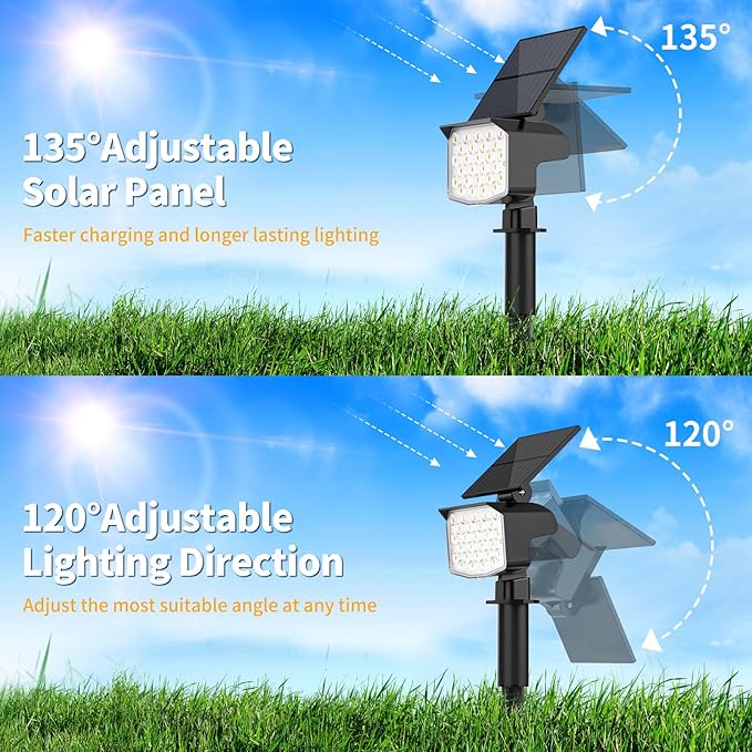 Solar Spot Lights Outdoor Waterproof Adjustable Solar Powered Landscape Lights for Yard 3 Long Time Lighting Modes Spotlights for Pathway Garden Outside Wall Pool Porch- 2 Pack, Warm White