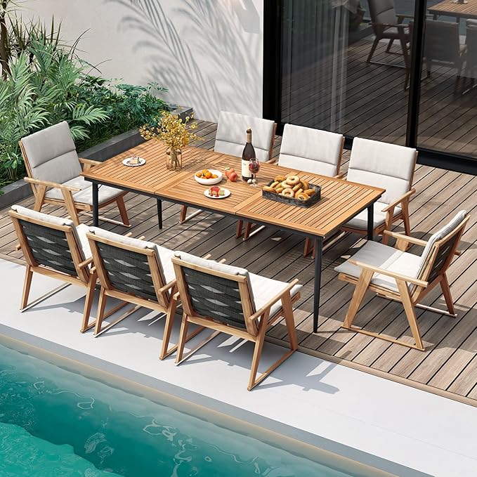 Tangkula 79" Acacia Wood Outdoor Dining Table for 8, Large Rectangular Patio Table with 1.9" Umbrella Hole, Metal Frame & Foot Pads, 8-Person Outside Table for Garden, Poolside & Backyard