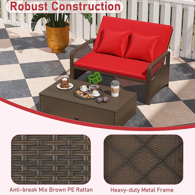 RELAX4LIFE Wicker Patio Outdoor Daybed - Rattan Sunbed Loveseat Sofa Set w/4-Level Adjustable Back, Cushions & Pillows, Storage Ottoman, 2-Person Bed Lounger for Backyard Porch, Patio Daybed (Red)