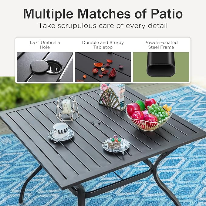 PHI VILLA 6 PCS Outdoor Dining Sets, All-Weather Square Patio Table and Chairs Set for 4 with Umbrella, Heavy Duty Patio Table Set for Deck, 4 Large Outdoor Metal Wicker Dining Chairs with Cushions