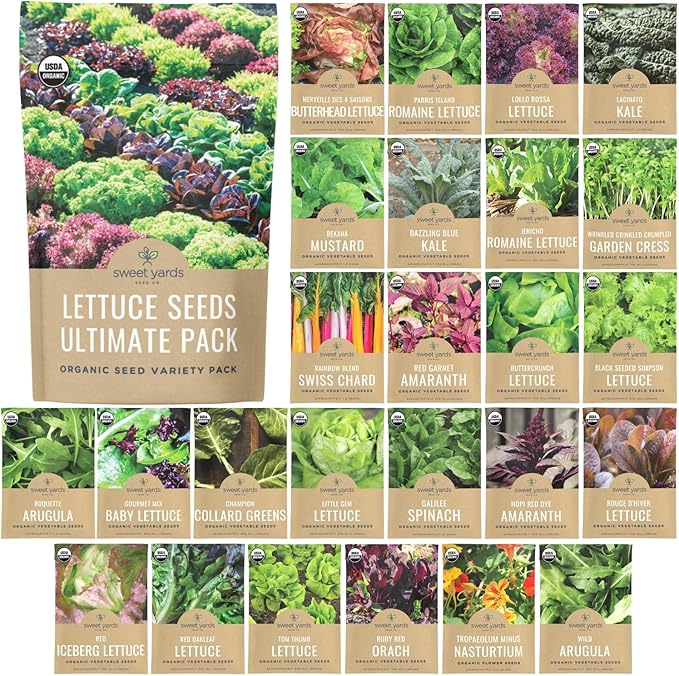 Organic Lettuce & Greens Seed Variety Pack - 25 Individual Packs - 2026 Season - Lacinato Kale, Roquette Arugula, Red Oakleaf Lettuce and More! for Indoor & Outdoor Planting