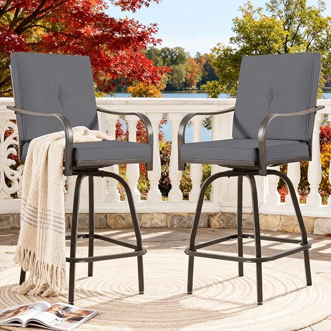Outdoor Swivel Bar Stools Set of 2,Bar Height Patio Chairs with Cushions and High Backrest, All Weather Patio Bar Stools Furniture for Bistro Lawn, Pool, Garden and Backyard,Gray